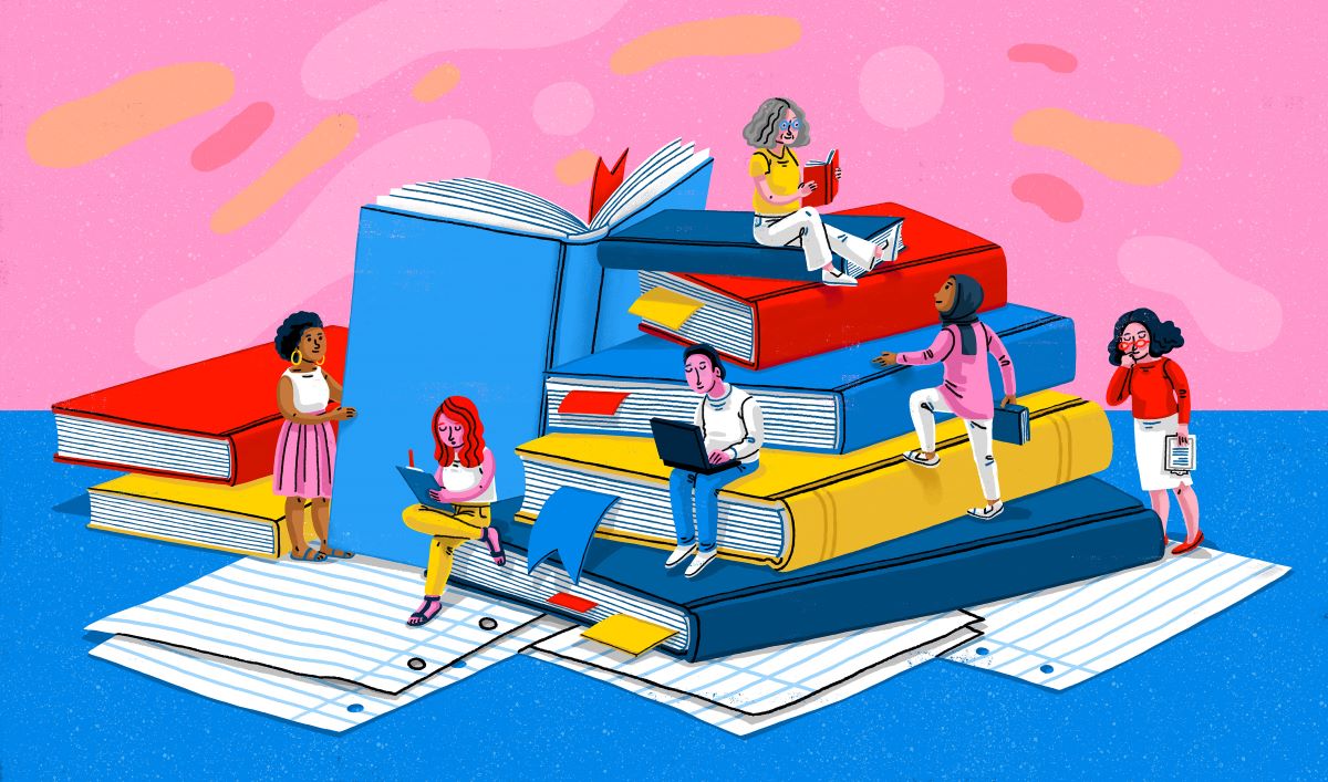 Illustration of people sitting and working on a pile of books