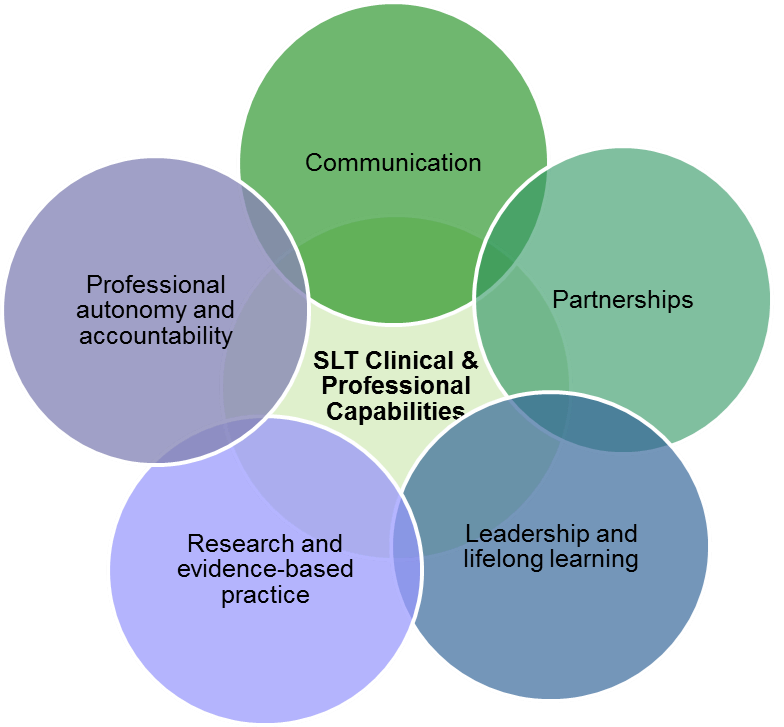 Communication – You will develop skills towards becoming an expert in communication and eating, drinking and swallowing difficulties Partnerships – You will learn to advocate collaboratively with service users, their families and other agencies and professionals involved in their care to transform their lives. Leadership and lifelong learning – SLTs are leaders in communication and EDS difficulties and lead the way in supporting service users to achieve their goals. You will start your journey of lifelong learning to provide evidence-based interventions for service users. Research and evidence-base practice – You will learn to search for, critically evaluate and contribute to the body of professional knowledge and best practice. Professional autonomy and accountability – You will learn about the scope of practice for SLTs and how to take responsibility as an autonomous and accountable professional. 