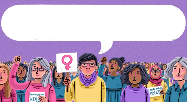 Illustration of a diverse group of women standing together. One holds a sign saying 'innovation roles', another 'leadership roles, and another a sign with the venus symbol. There is a blank speech bubble above their heads.