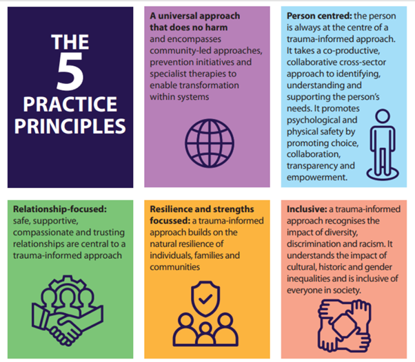 The 5 Practice Principles - A Universal Approach that does no harm and encompasses community led-approaches, prevention initiatives and specialist therapies to enable transformation in services. - Person-centred: the person is always at the centre of a trauma-informed approach. It takes a co-productive, collaborative, cross-sector approach to identifying and understanding and supporting the person’s needs. It promotes psychological and physical safety by promoting choice, collaboration, transparency and empowerment. - Relationship focussed: safe, supportive, compassionate and trusting relationships are central to a trauma-informed approach. - Resilience and strengths focussed: a trauma-informed approach builds on the natural resilience of individuals, families and communities. - Inclusive: a trauma-informed approach recognises the impact of diversity, discrimination and racism. It understands the impact of cultural, historic and gender inequalities and is inclusive of everyone in society.