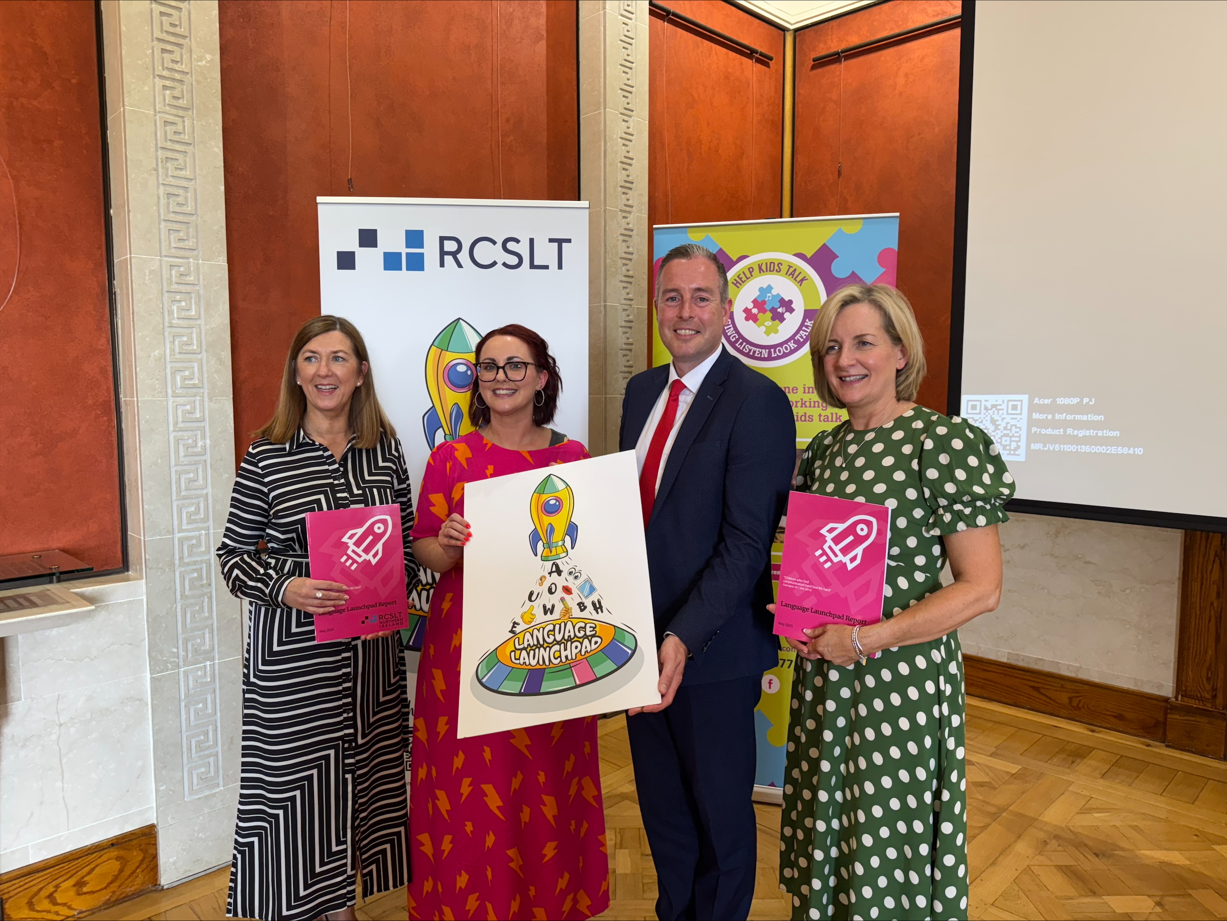 Lorraine Brown, Education Authority, Ruth Sedgewick, Head of RCSLT NI, Minister for Education, Paul Givan MLA, and Mabel Scullion, Help Kids Talk at the Language Launchpad Launch